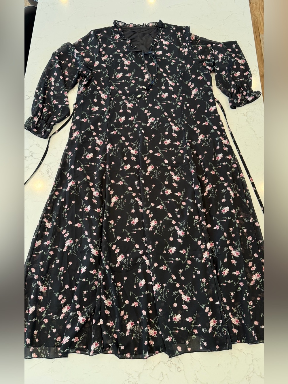 Black Floral Long Midi Dress with Pink Blossoms